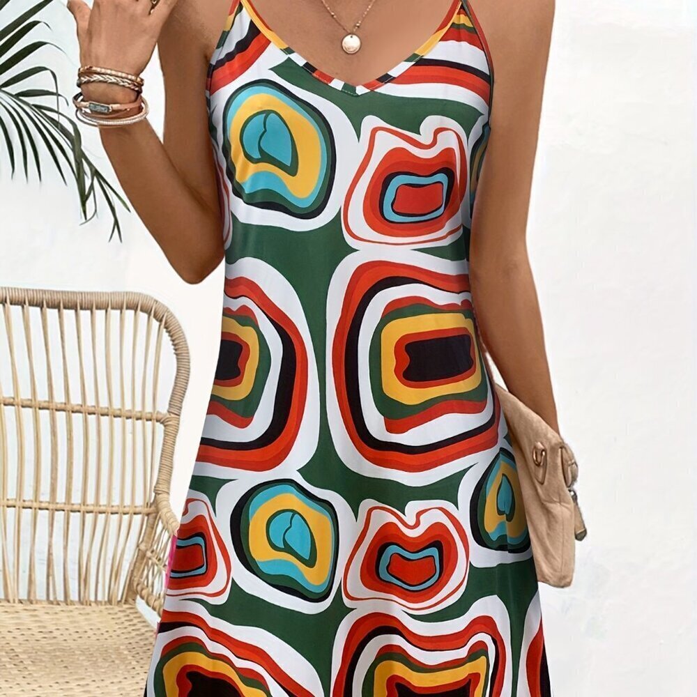 Colorful Abstract Print A-Line Resort Dress Spaghetti Strap Vacation Sundress